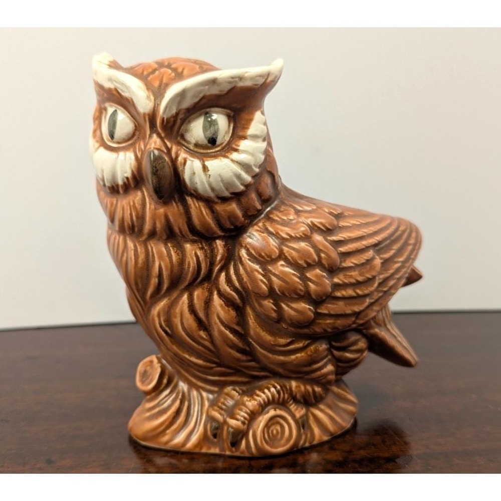 Vintage Artmark Japan Ceramic Owl Planter Brown Woodland Bird Vase Mid Century